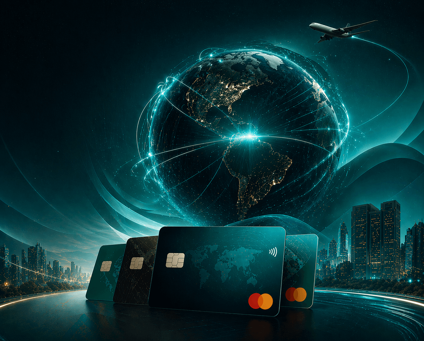 Globe with credit cards representing global financial comparison